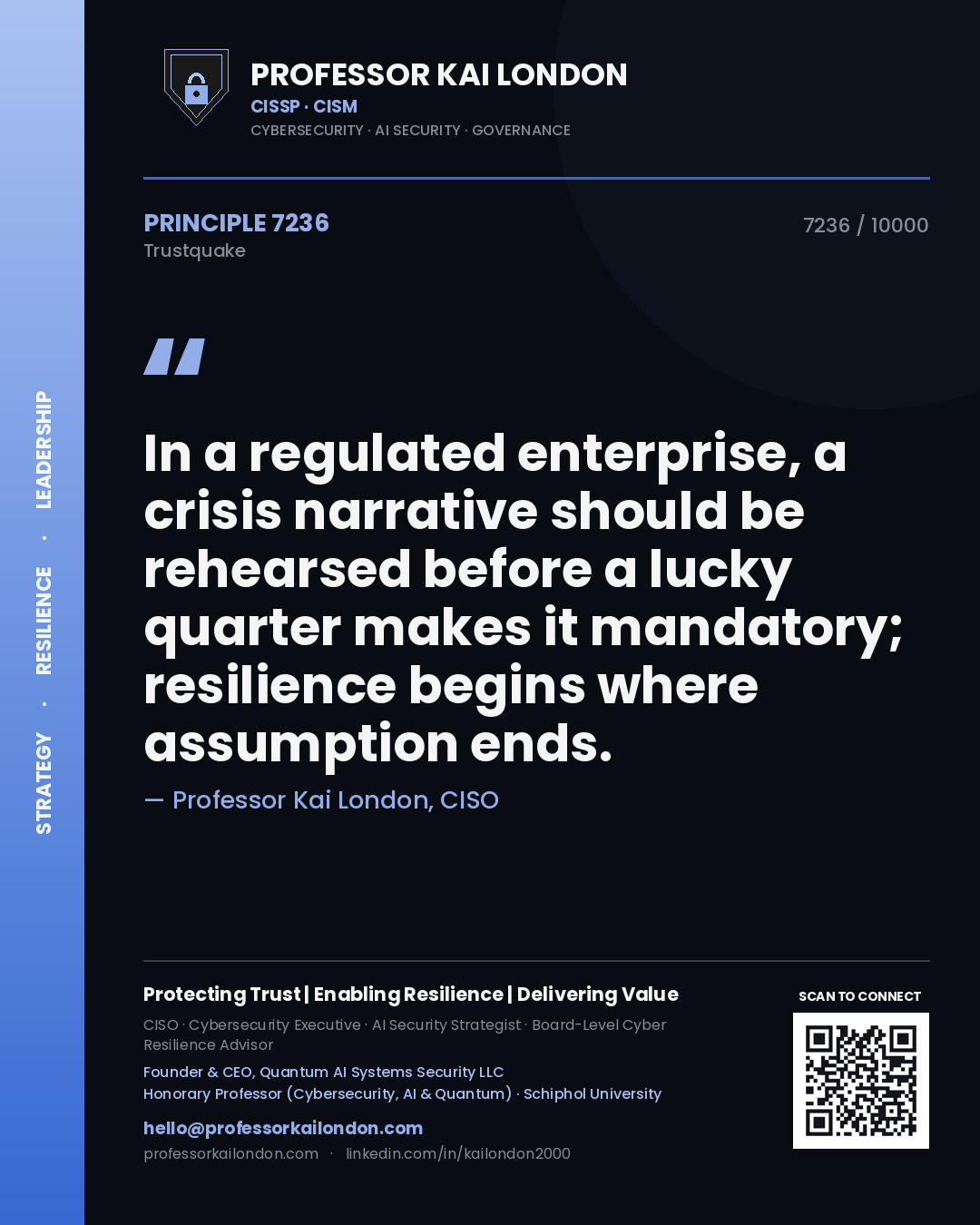 Quote card by Professor Kai London reading 'In a regulated enterprise, a crisis narrative should be rehearsed before a lucky quarter makes it mandatory; resilience begins where assumption ends.'. From the book Trustquake.