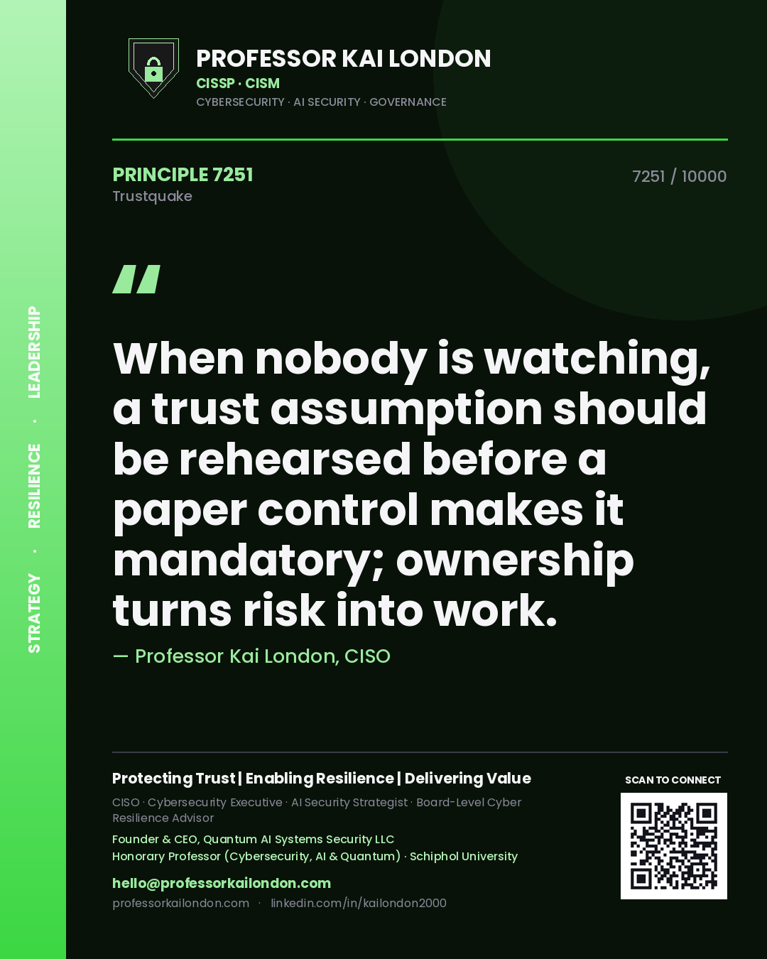 Quote card by Professor Kai London reading 'When nobody is watching, a trust assumption should be rehearsed before a paper control makes it mandatory; ownership turns risk into work.'. From the book Trustquake.