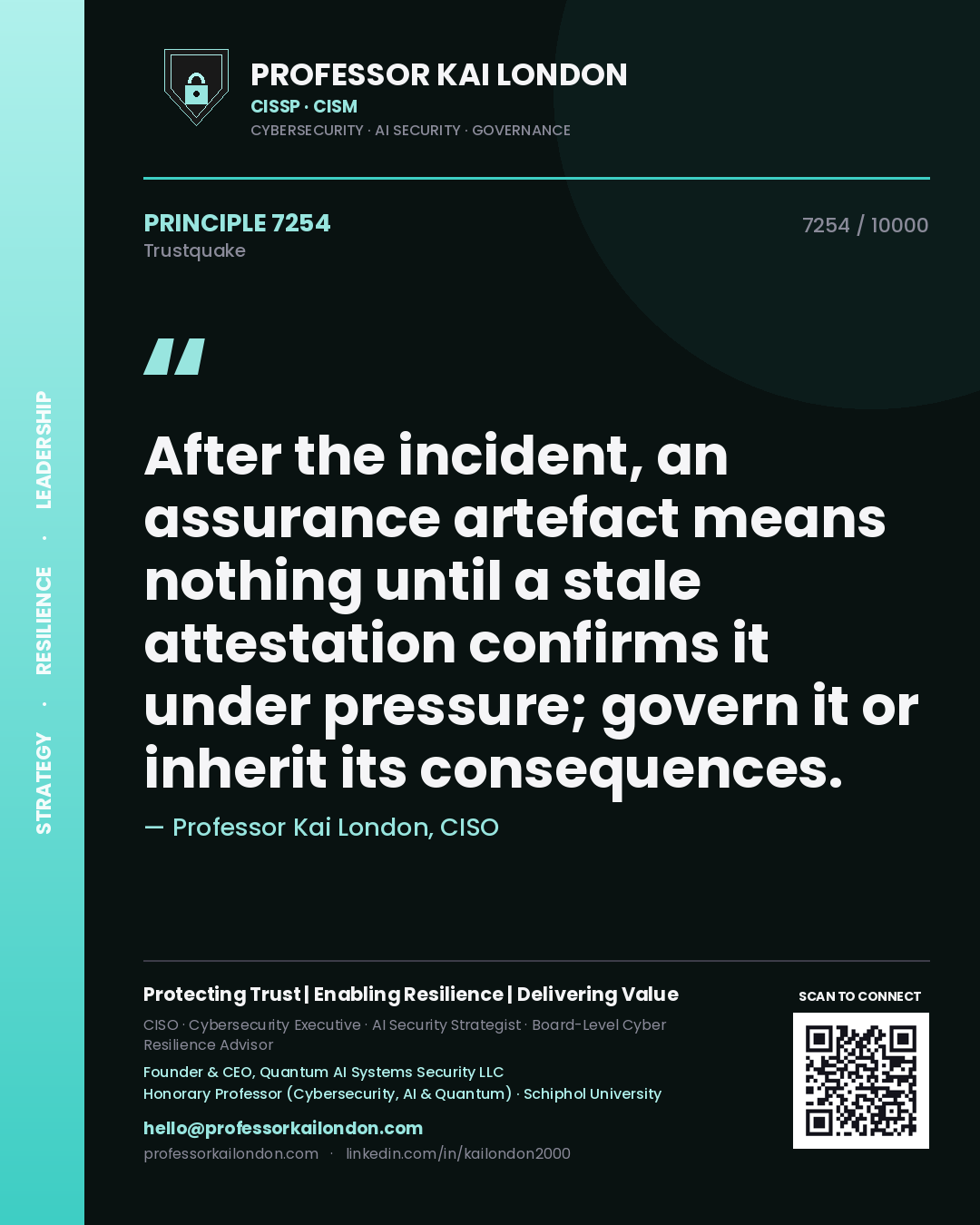 Quote card by Professor Kai London reading 'After the incident, an assurance artefact means nothing until a stale attestation confirms it under pressure; govern it or inherit its consequences.'. From the book Trustquake.