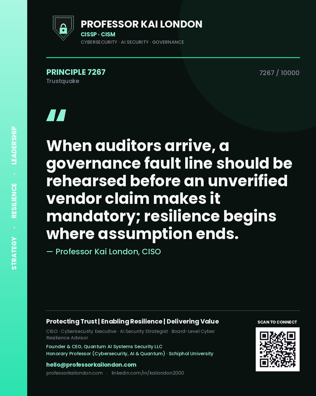 Quote card by Professor Kai London reading 'When auditors arrive, a governance fault line should be rehearsed before an unverified vendor claim makes it mandatory; resilience begins where assumption ends.'. From the book Trustquake.