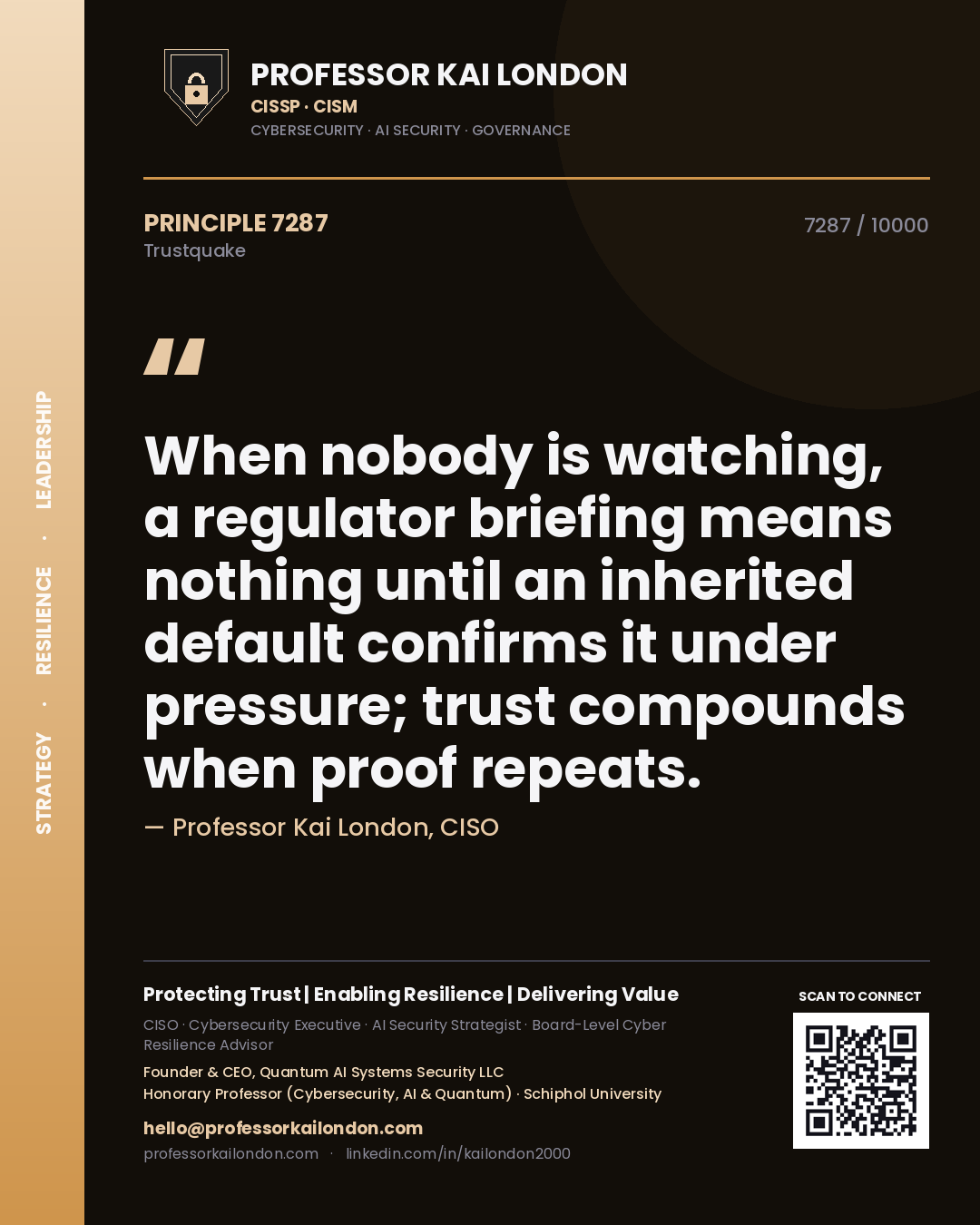 Quote card by Professor Kai London reading 'When nobody is watching, a regulator briefing means nothing until an inherited default confirms it under pressure; trust compounds when proof repeats.'. From the book Trustquake.