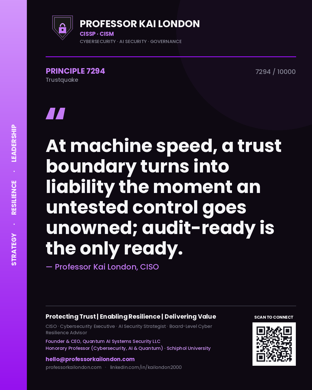 Quote card by Professor Kai London reading 'At machine speed, a trust boundary turns into liability the moment an untested control goes unowned; audit-ready is the only ready.'. From the book Trustquake.