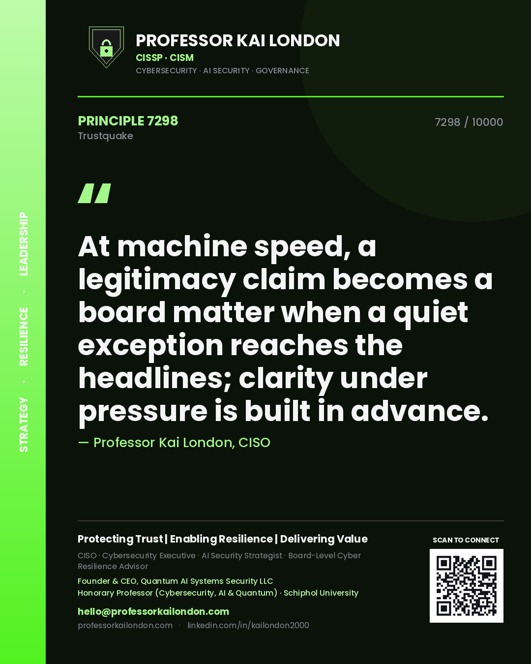 Quote card by Professor Kai London reading 'At machine speed, a legitimacy claim becomes a board matter when a quiet exception reaches the headlines; clarity under pressure is built in advance.'. From the book Trustquake.