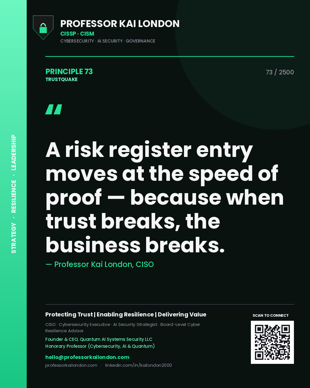 Professor Kai London principle 73: A risk register entry moves at the speed of proof — because when trust breaks, the business breaks.