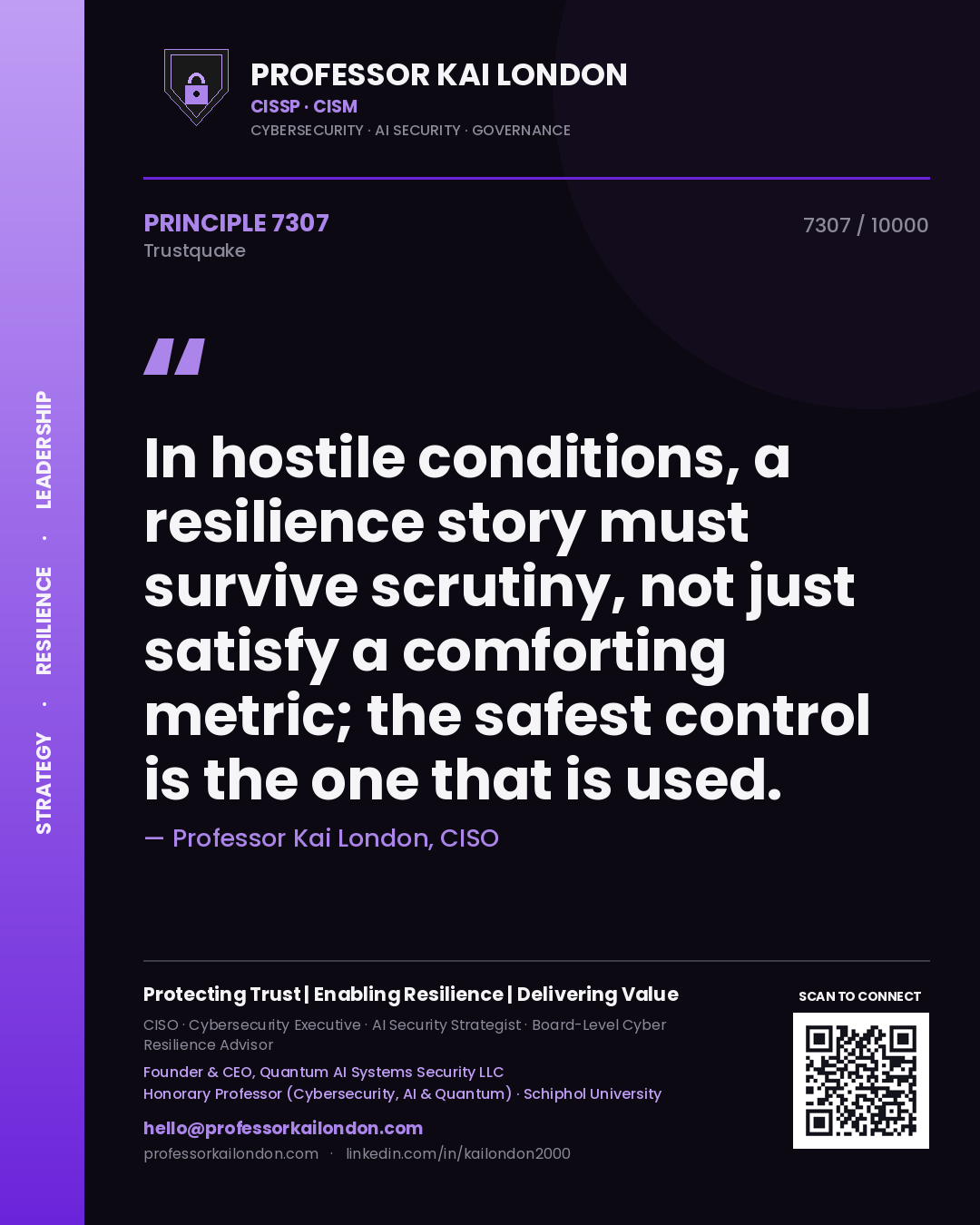 Quote card by Professor Kai London reading 'In hostile conditions, a resilience story must survive scrutiny, not just satisfy a comforting metric; the safest control is the one that is used.'. From the book Trustquake.