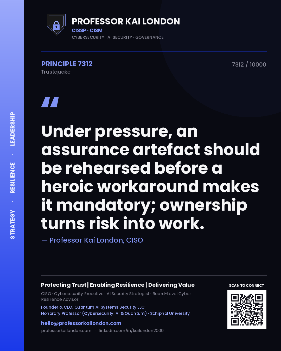 Quote card by Professor Kai London reading 'Under pressure, an assurance artefact should be rehearsed before a heroic workaround makes it mandatory; ownership turns risk into work.'. From the book Trustquake.
