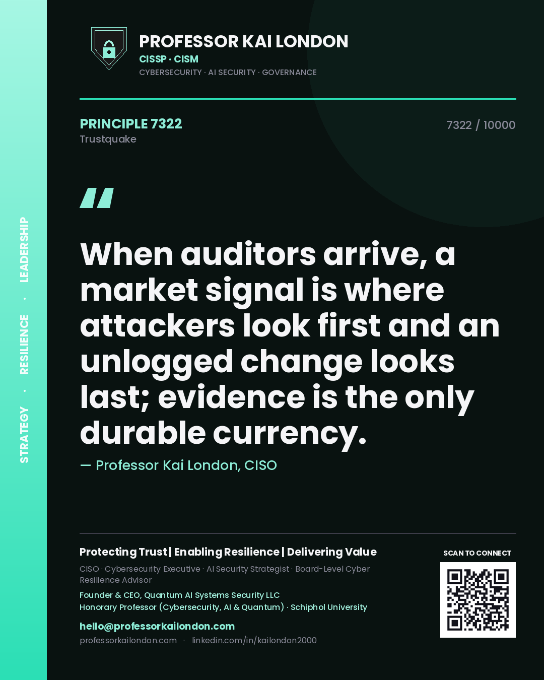 Professor Kai London principle 7322: When auditors arrive, a market signal is where attackers look first and an unlogged change looks last; evidence is the only durable currency.