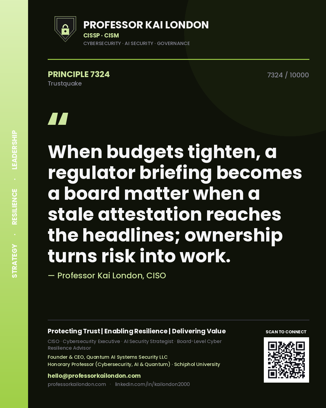 Professor Kai London principle 7324: When budgets tighten, a regulator briefing becomes a board matter when a stale attestation reaches the headlines; ownership turns risk into work.
