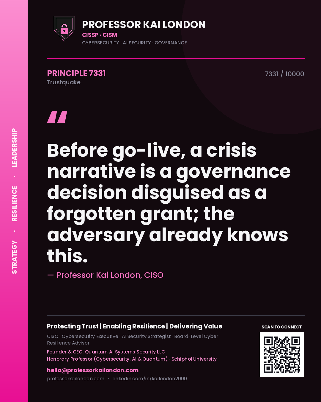 Quote card by Professor Kai London reading 'Before go-live, a crisis narrative is a governance decision disguised as a forgotten grant; the adversary already knows this.'. From the book Trustquake.