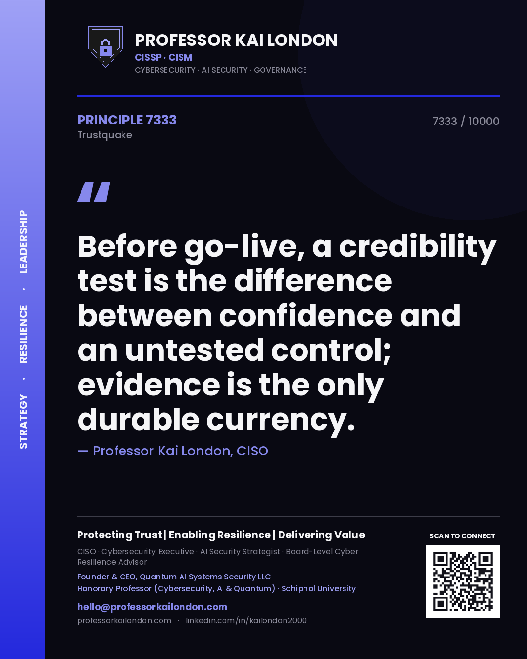 Quote card by Professor Kai London reading 'Before go-live, a credibility test is the difference between confidence and an untested control; evidence is the only durable currency.'. From the book Trustquake.