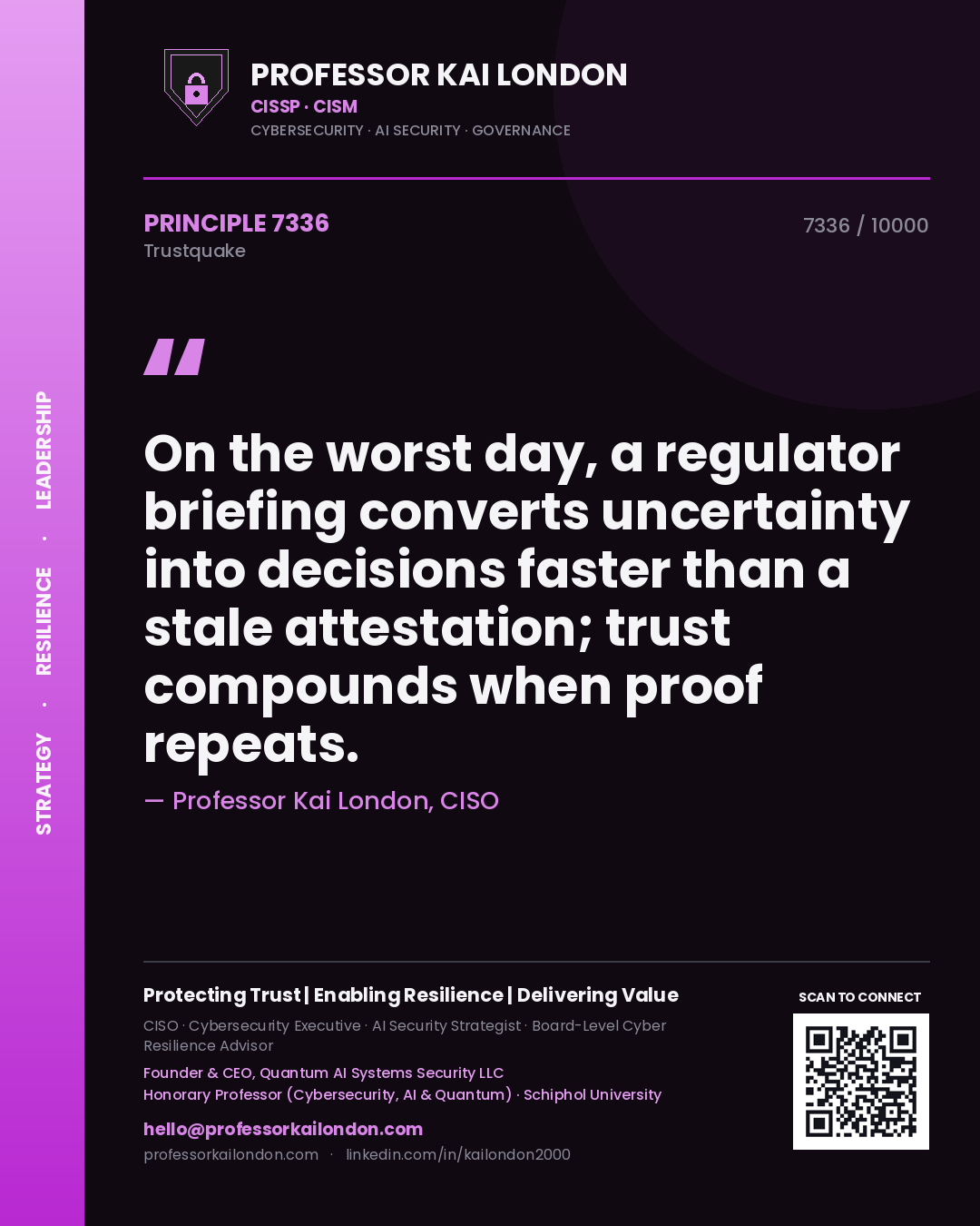 Professor Kai London principle 7336: On the worst day, a regulator briefing converts uncertainty into decisions faster than a stale attestation; trust compounds when proof repeats.