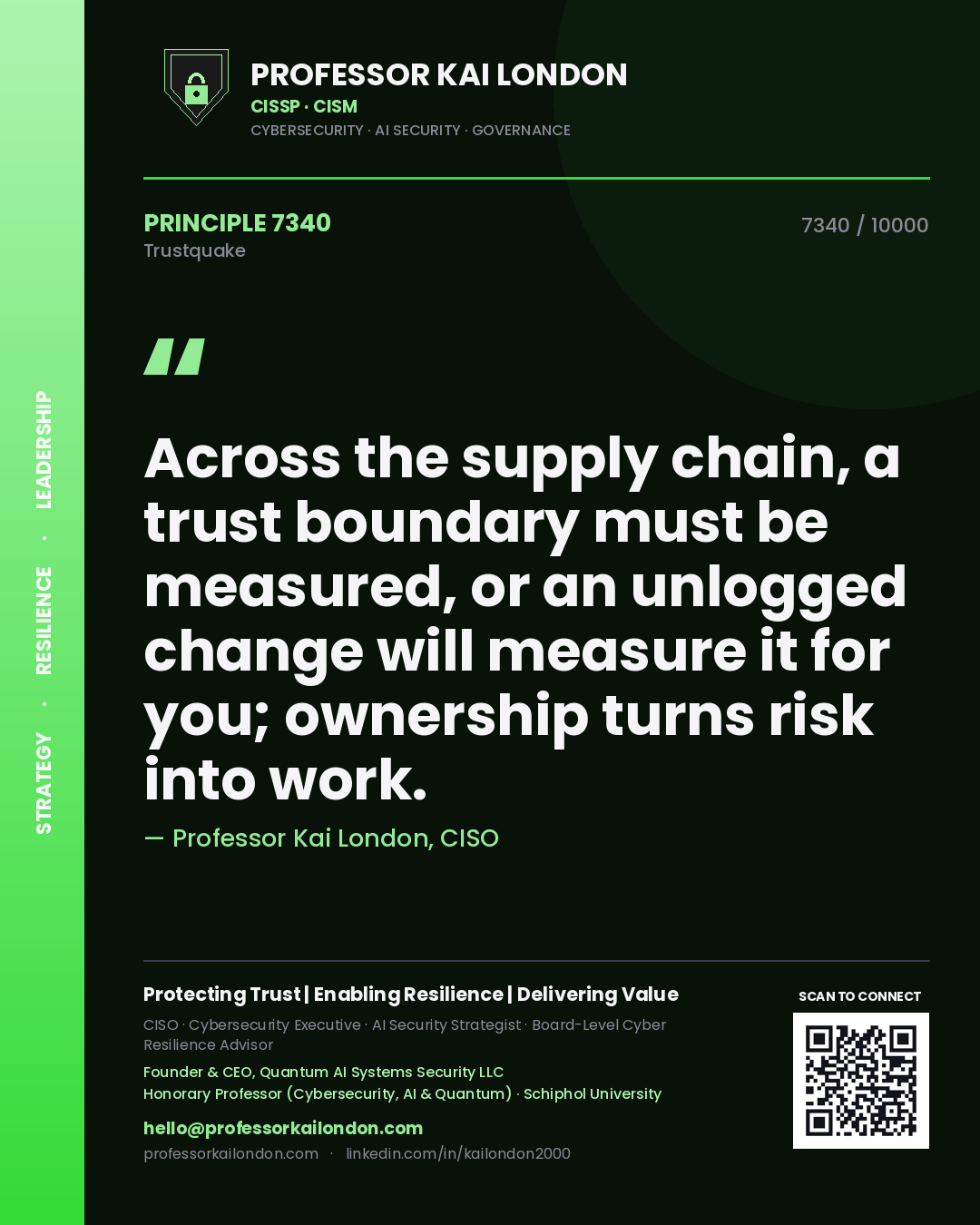Quote card by Professor Kai London reading 'Across the supply chain, a trust boundary must be measured, or an unlogged change will measure it for you; ownership turns risk into work.'. From the book Trustquake.