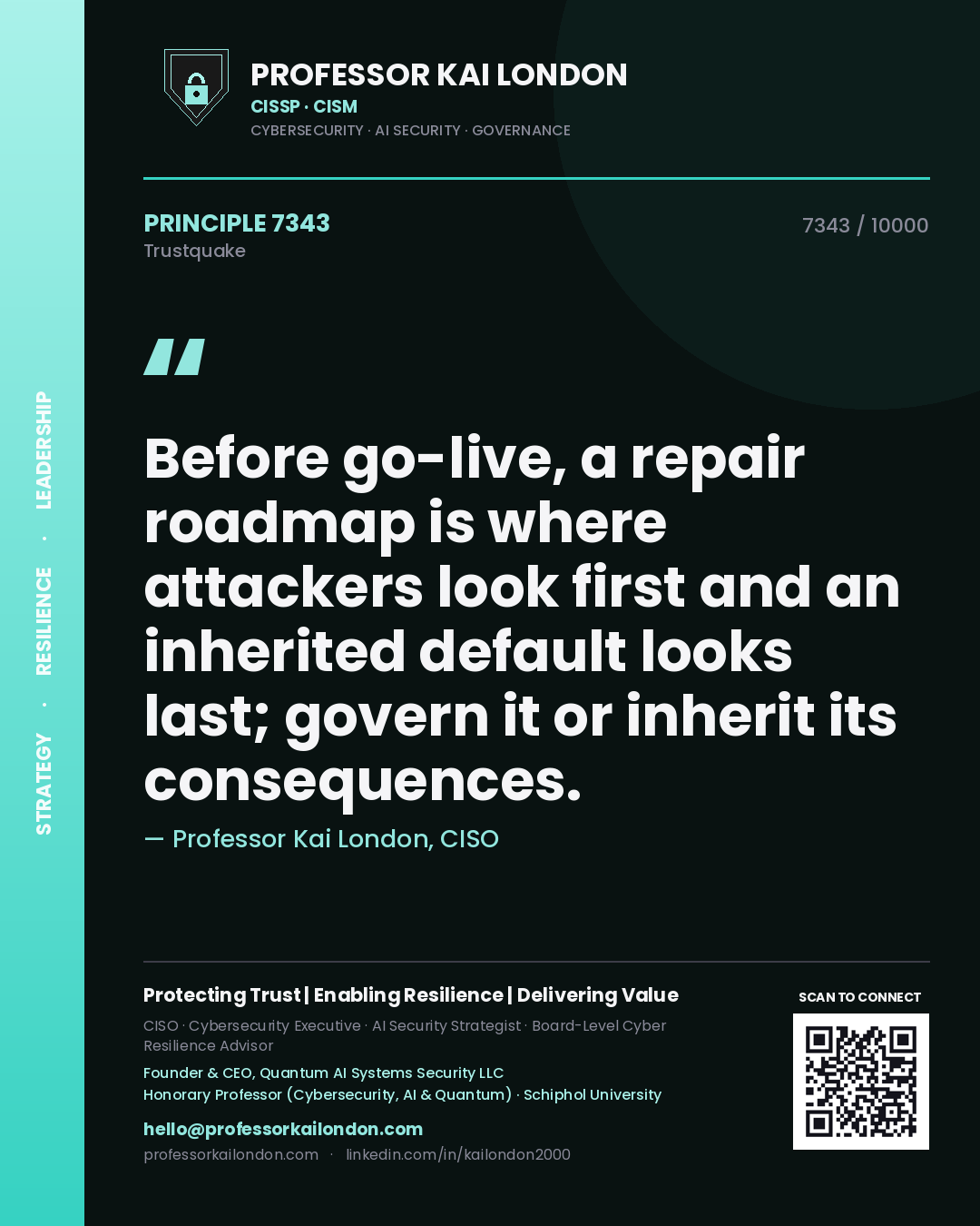 Professor Kai London principle 7343: Before go-live, a repair roadmap is where attackers look first and an inherited default looks last; govern it or inherit its consequences.