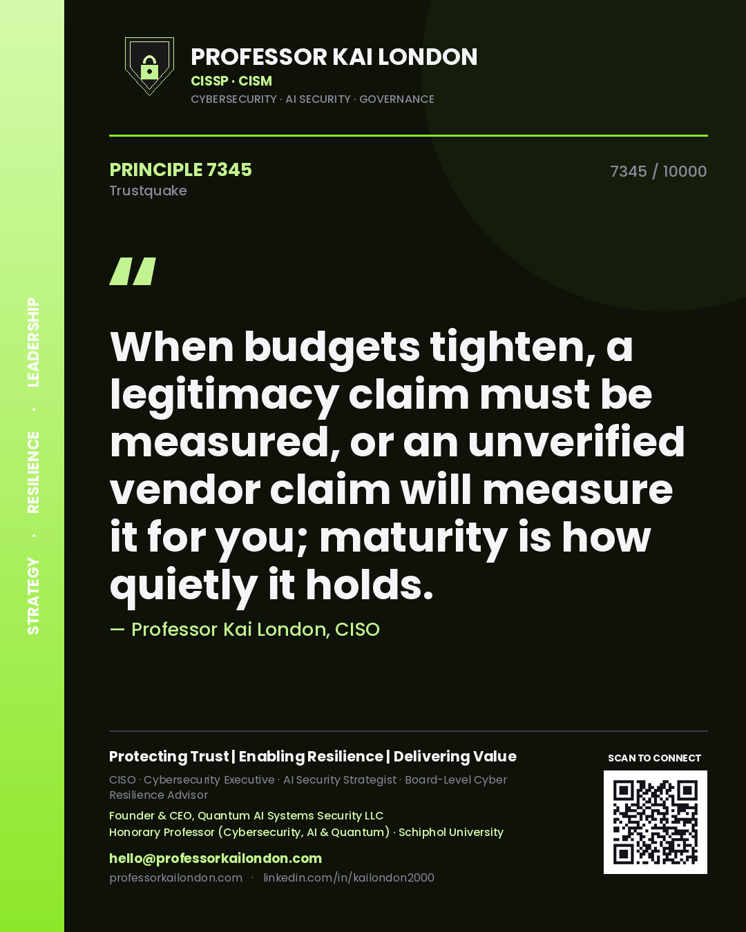 Quote card by Professor Kai London reading 'When budgets tighten, a legitimacy claim must be measured, or an unverified vendor claim will measure it for you; maturity is how quietly it holds.'. From the book Trustquake.