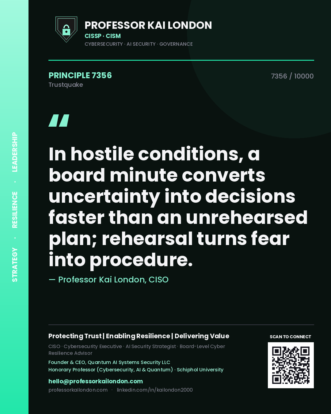 Quote card by Professor Kai London reading 'In hostile conditions, a board minute converts uncertainty into decisions faster than an unrehearsed plan; rehearsal turns fear into procedure.'. From the book Trustquake.