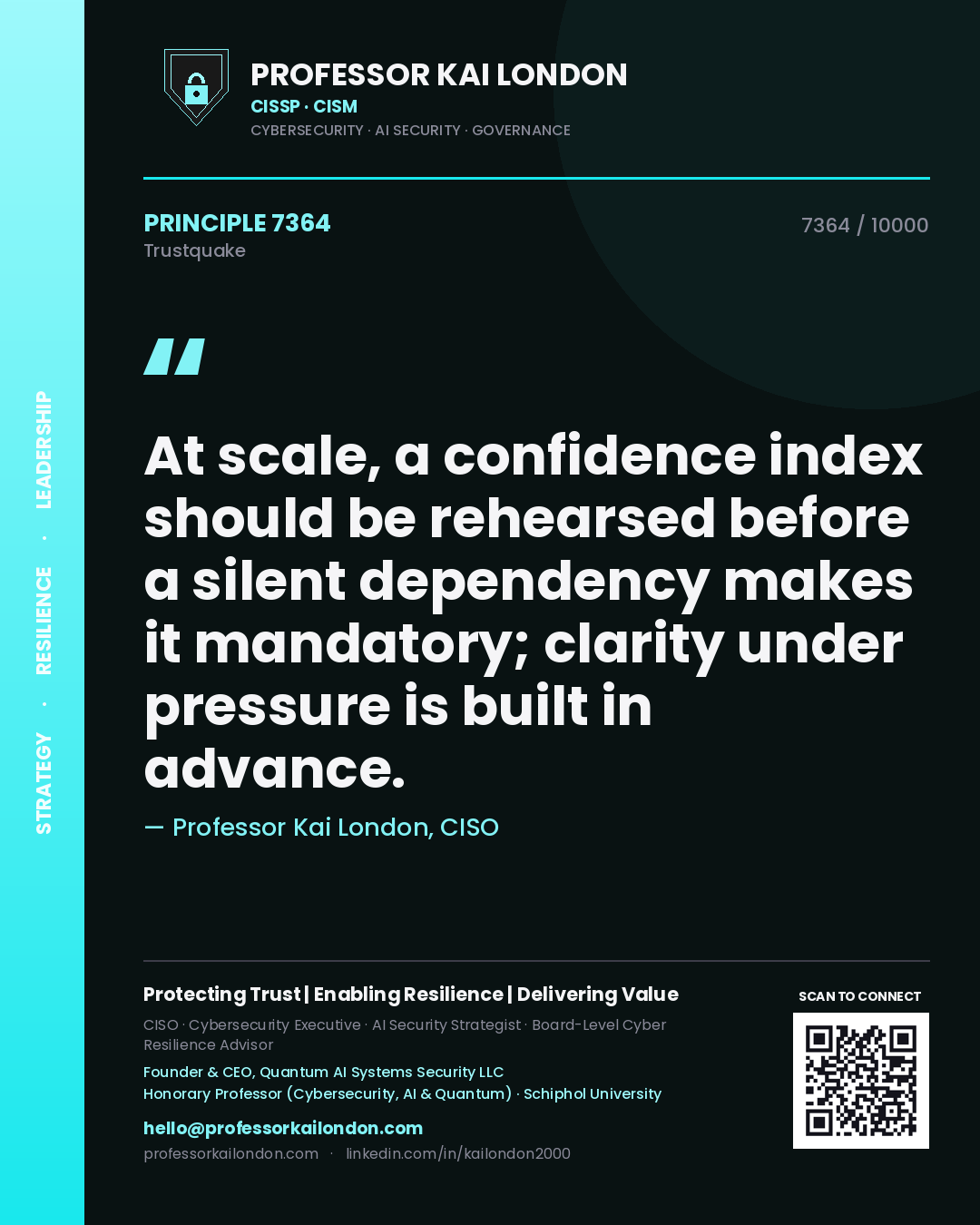 Quote card by Professor Kai London reading 'At scale, a confidence index should be rehearsed before a silent dependency makes it mandatory; clarity under pressure is built in advance.'. From the book Trustquake.