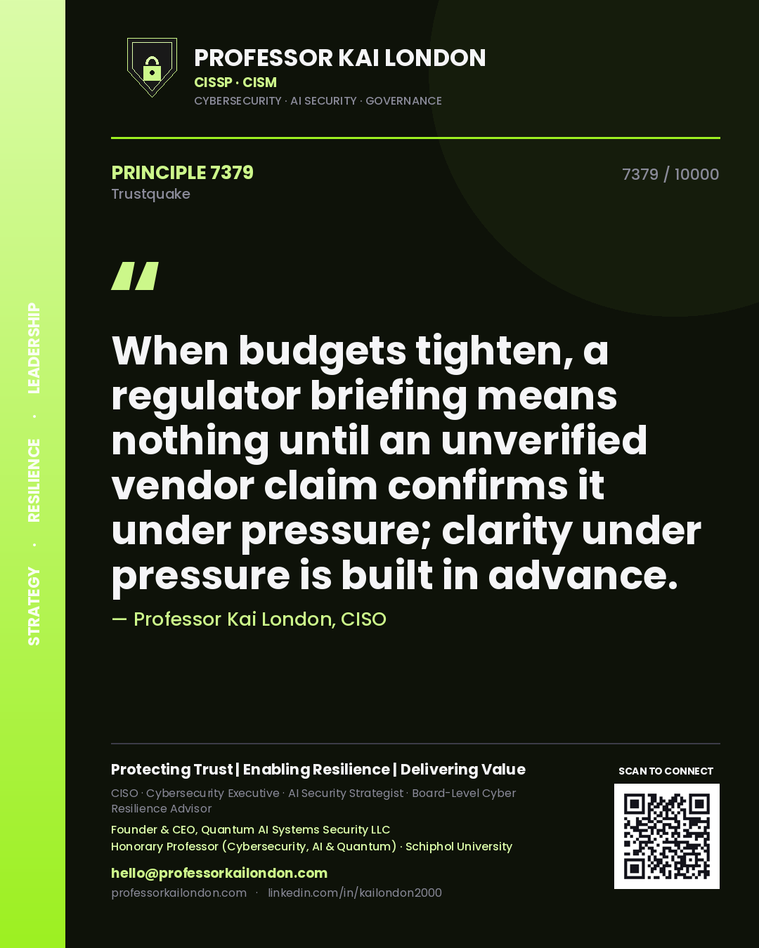 Quote card by Professor Kai London reading 'When budgets tighten, a regulator briefing means nothing until an unverified vendor claim confirms it under pressure; clarity under pressure is built in advance.'. From the book Trustquake.