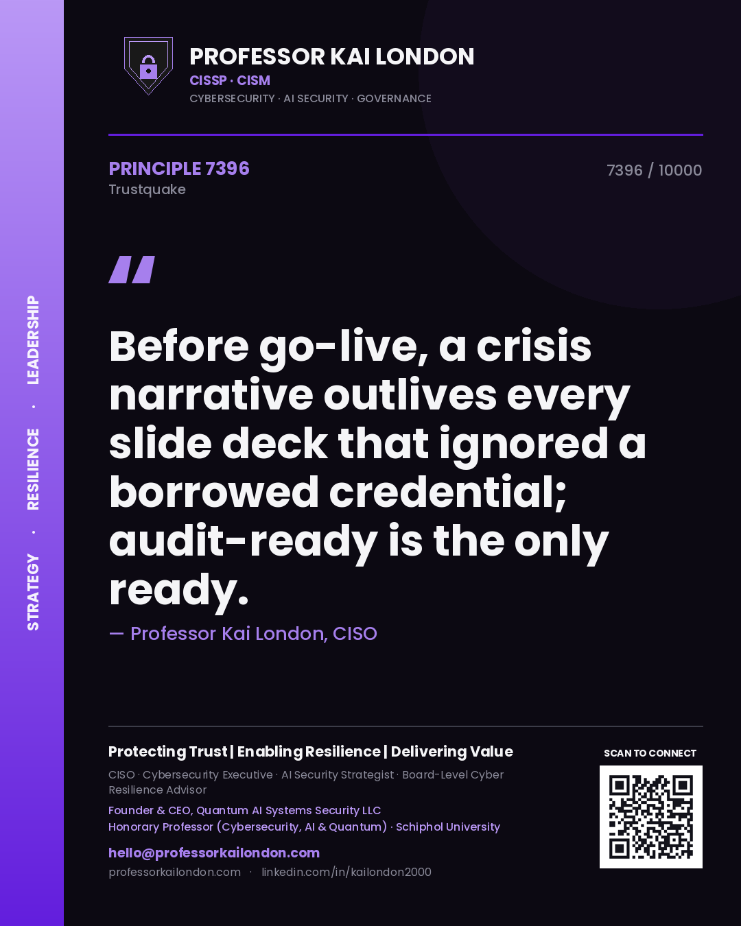 Professor Kai London principle 7396: Before go-live, a crisis narrative outlives every slide deck that ignored a borrowed credential; audit-ready is the only ready.