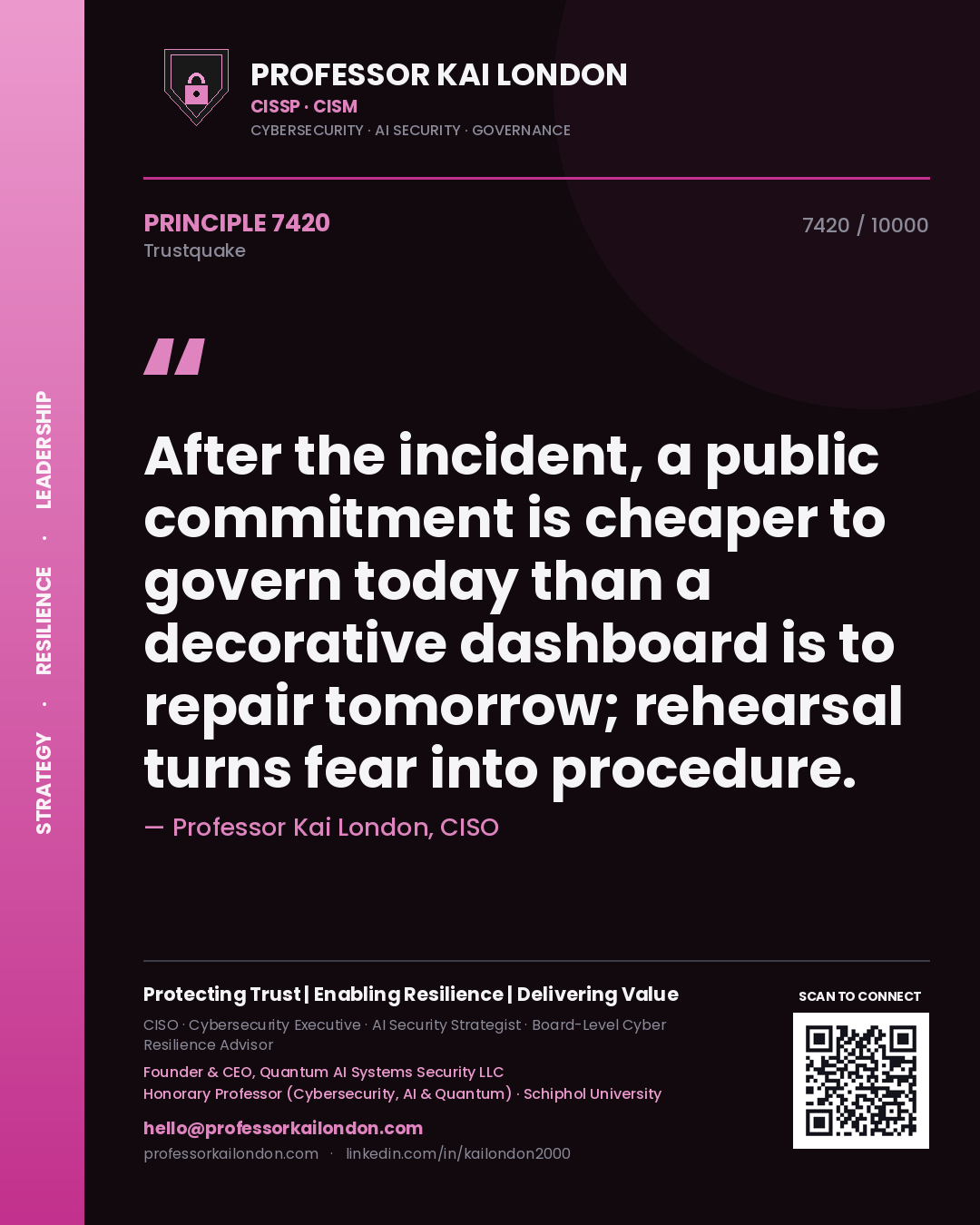Quote card by Professor Kai London reading 'After the incident, a public commitment is cheaper to govern today than a decorative dashboard is to repair tomorrow; rehearsal turns fear into procedure.'. From the book Trustquake.