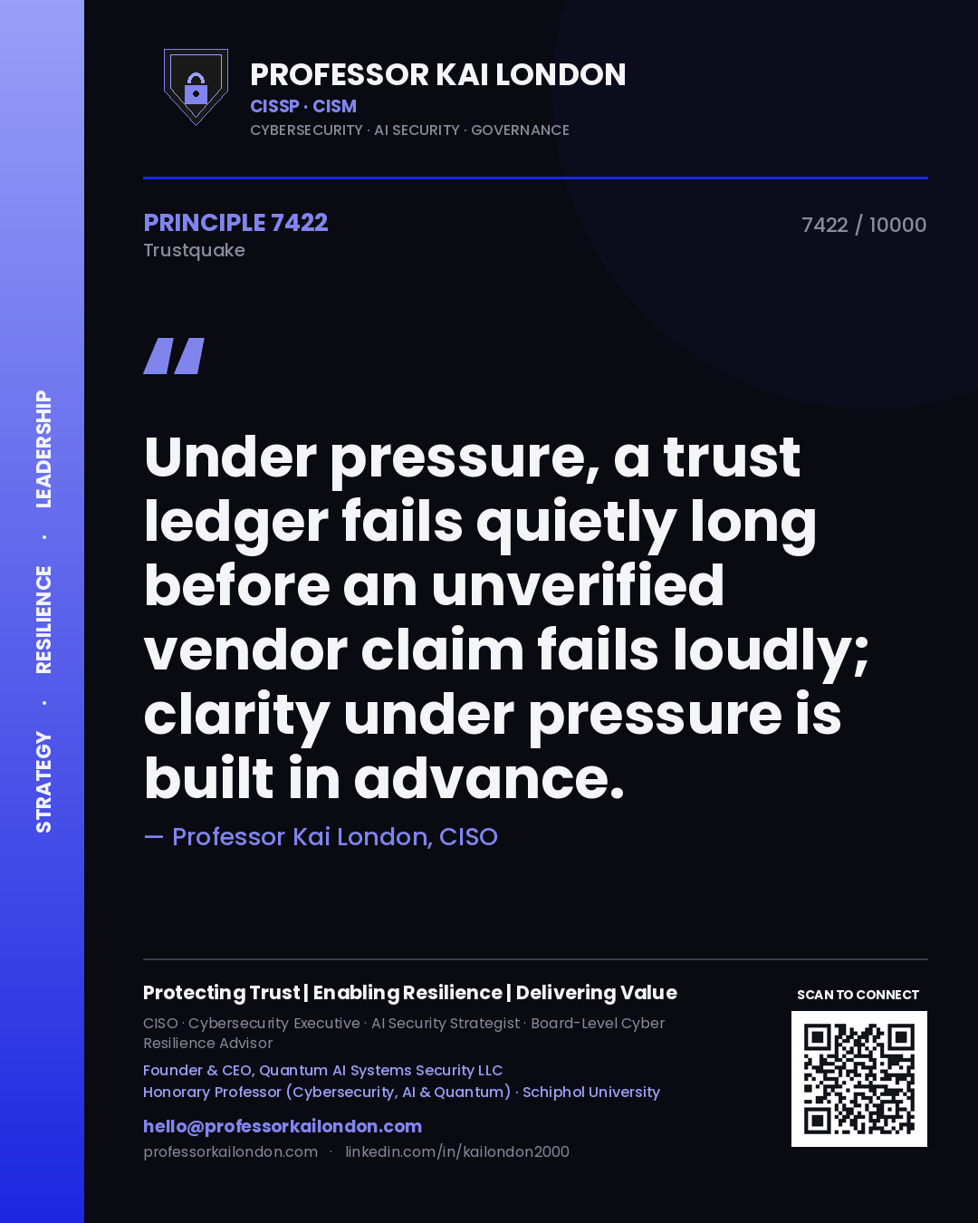 Quote card by Professor Kai London reading 'Under pressure, a trust ledger fails quietly long before an unverified vendor claim fails loudly; clarity under pressure is built in advance.'. From the book Trustquake.