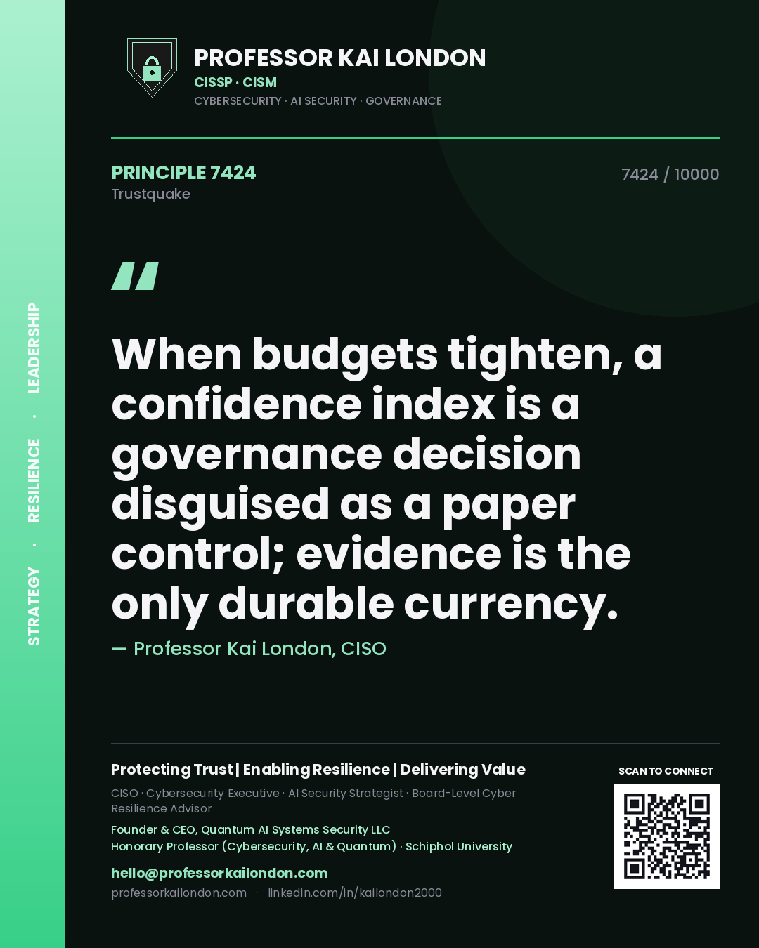 Quote card by Professor Kai London reading 'When budgets tighten, a confidence index is a governance decision disguised as a paper control; evidence is the only durable currency.'. From the book Trustquake.