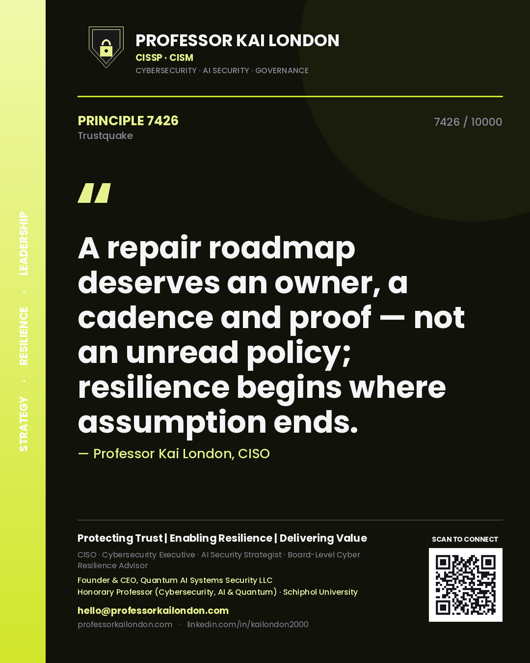 Quote card by Professor Kai London reading 'A repair roadmap deserves an owner, a cadence and proof — not an unread policy; resilience begins where assumption ends.'. From the book Trustquake.