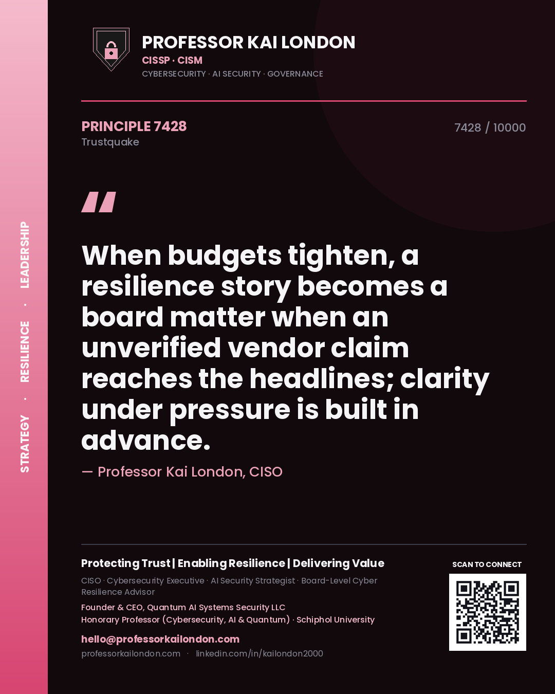 Quote card by Professor Kai London reading 'When budgets tighten, a resilience story becomes a board matter when an unverified vendor claim reaches the headlines; clarity under pressure is built in advance.'. From the book Trustquake.