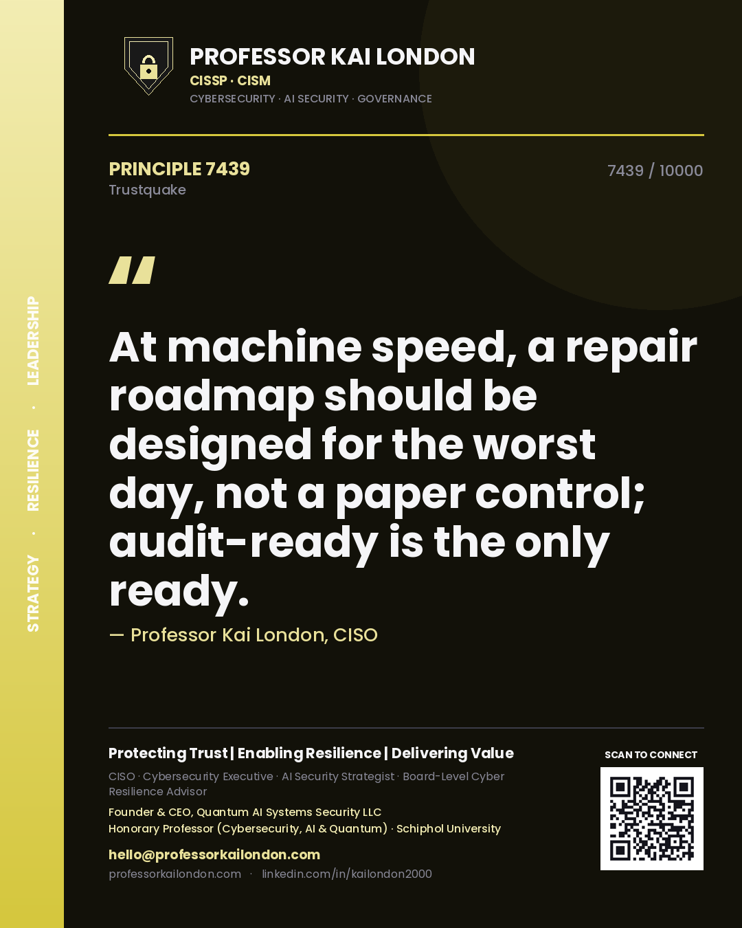 Professor Kai London principle 7439: At machine speed, a repair roadmap should be designed for the worst day, not a paper control; audit-ready is the only ready.