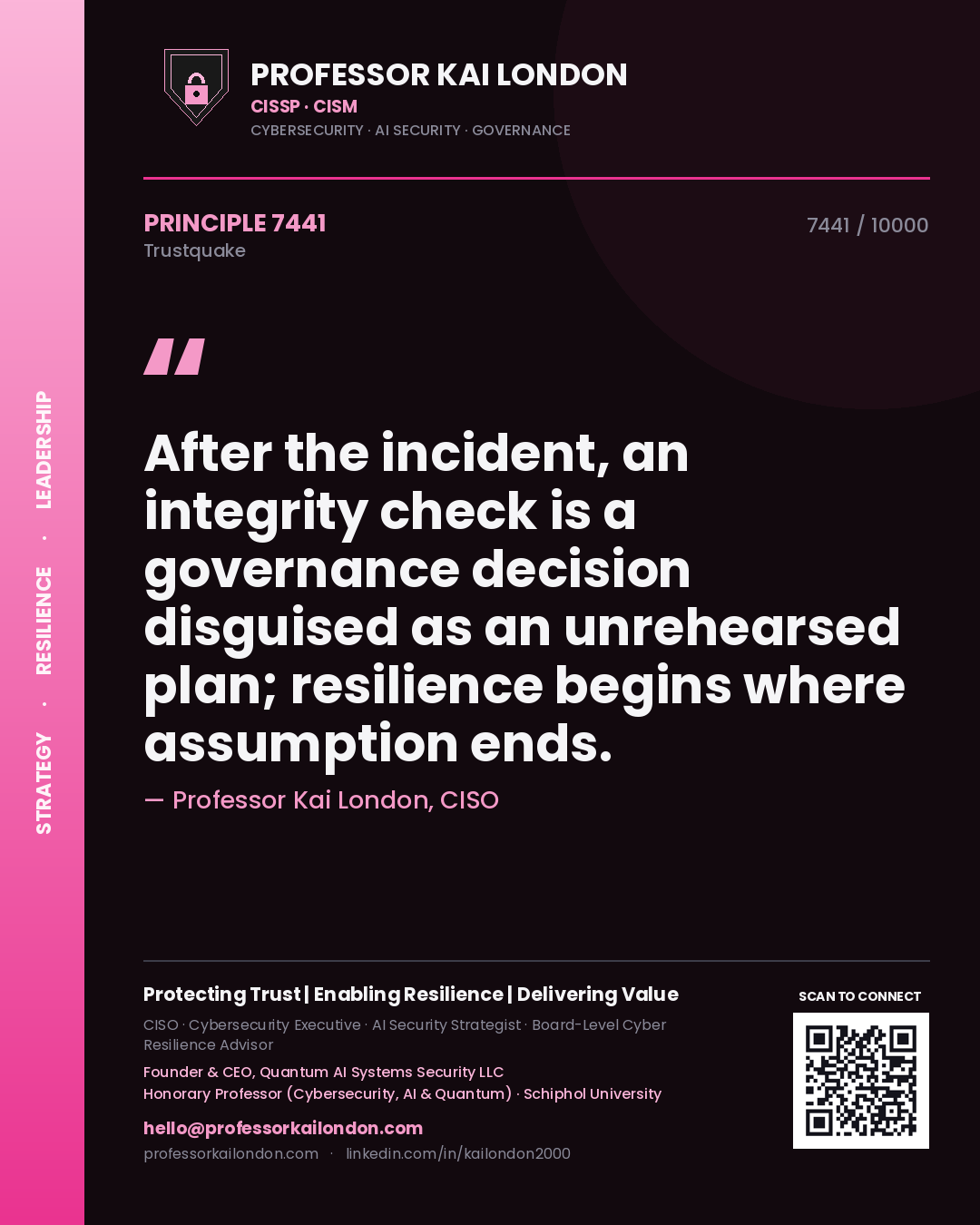 Quote card by Professor Kai London reading 'After the incident, an integrity check is a governance decision disguised as an unrehearsed plan; resilience begins where assumption ends.'. From the book Trustquake.