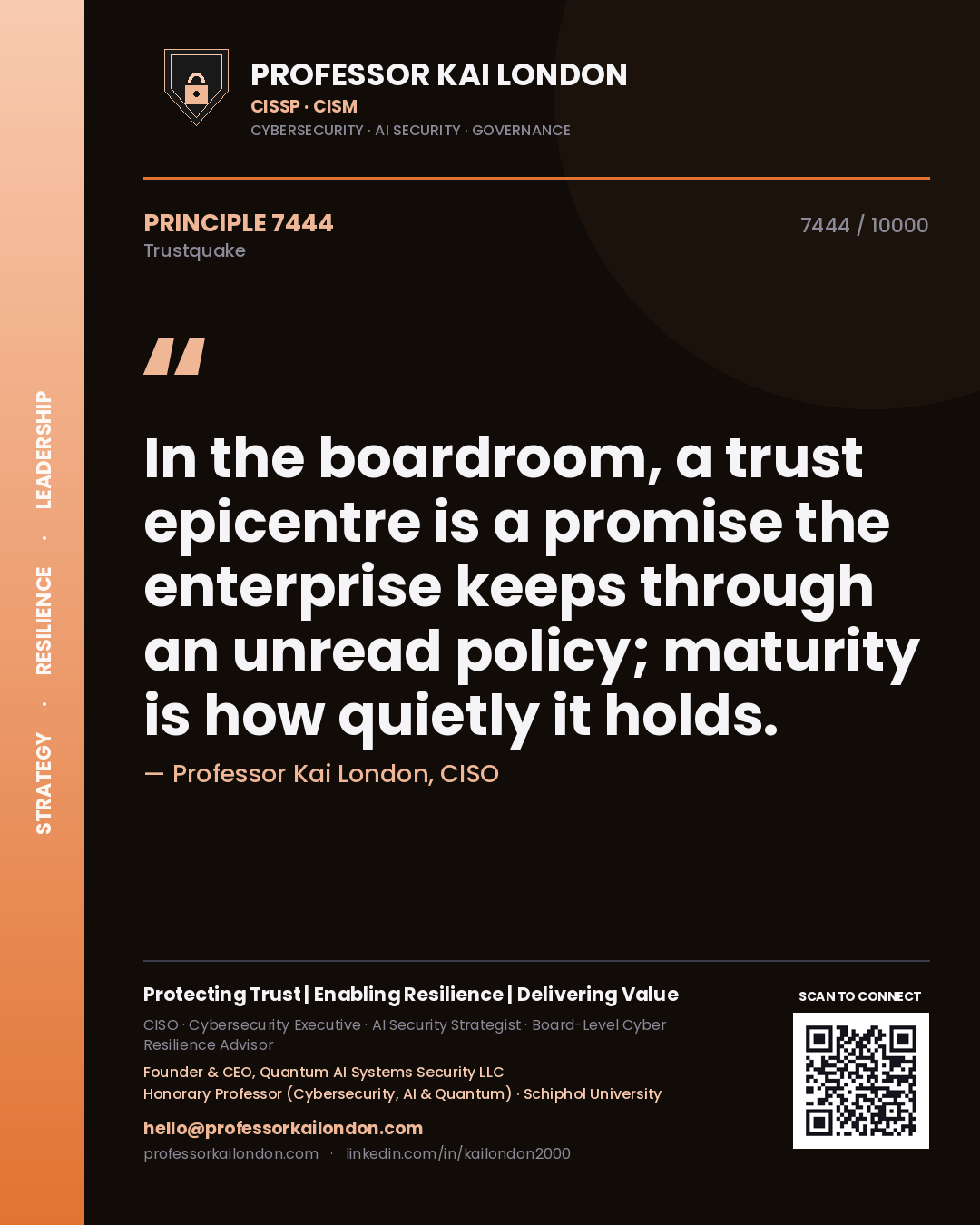 Quote card by Professor Kai London reading 'In the boardroom, a trust epicentre is a promise the enterprise keeps through an unread policy; maturity is how quietly it holds.'. From the book Trustquake.