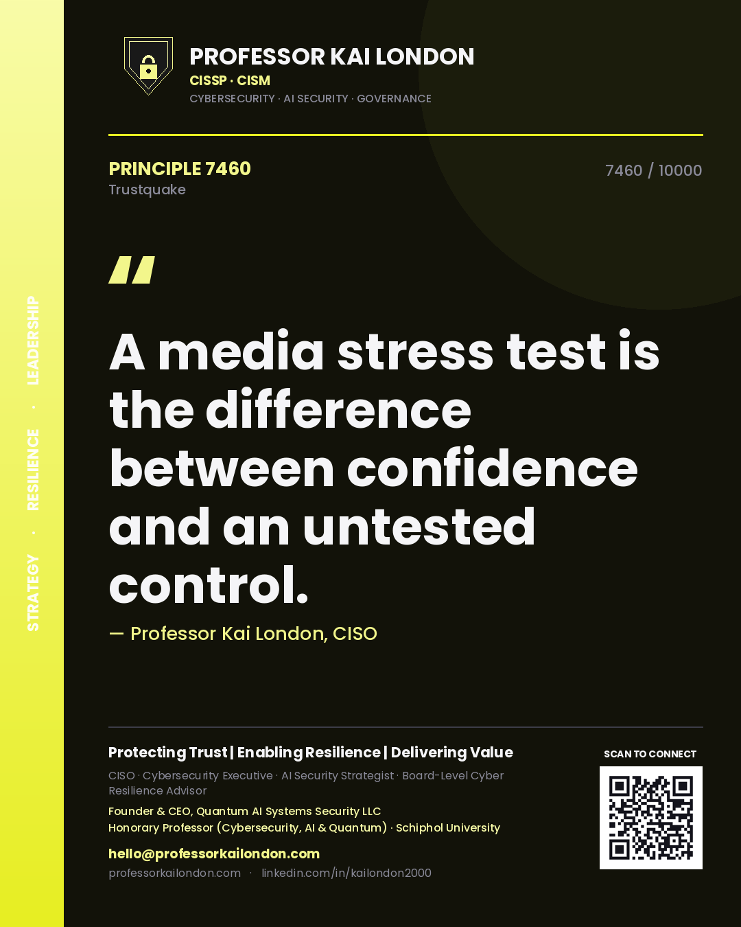 Quote card by Professor Kai London reading 'A media stress test is the difference between confidence and an untested control.'. From the book Trustquake.