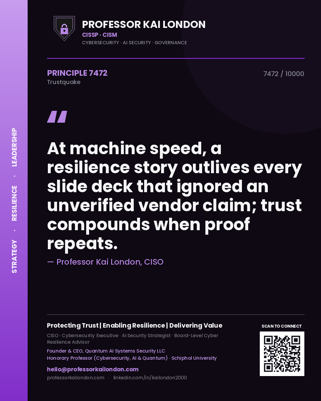 Quote card by Professor Kai London reading 'At machine speed, a resilience story outlives every slide deck that ignored an unverified vendor claim; trust compounds when proof repeats.'. From the book Trustquake.