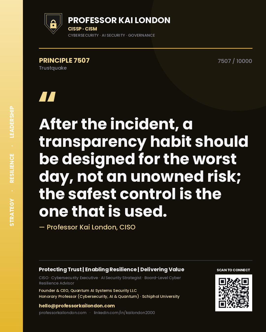 Quote card by Professor Kai London reading 'After the incident, a transparency habit should be designed for the worst day, not an unowned risk; the safest control is the one that is used.'. From the book Trustquake.