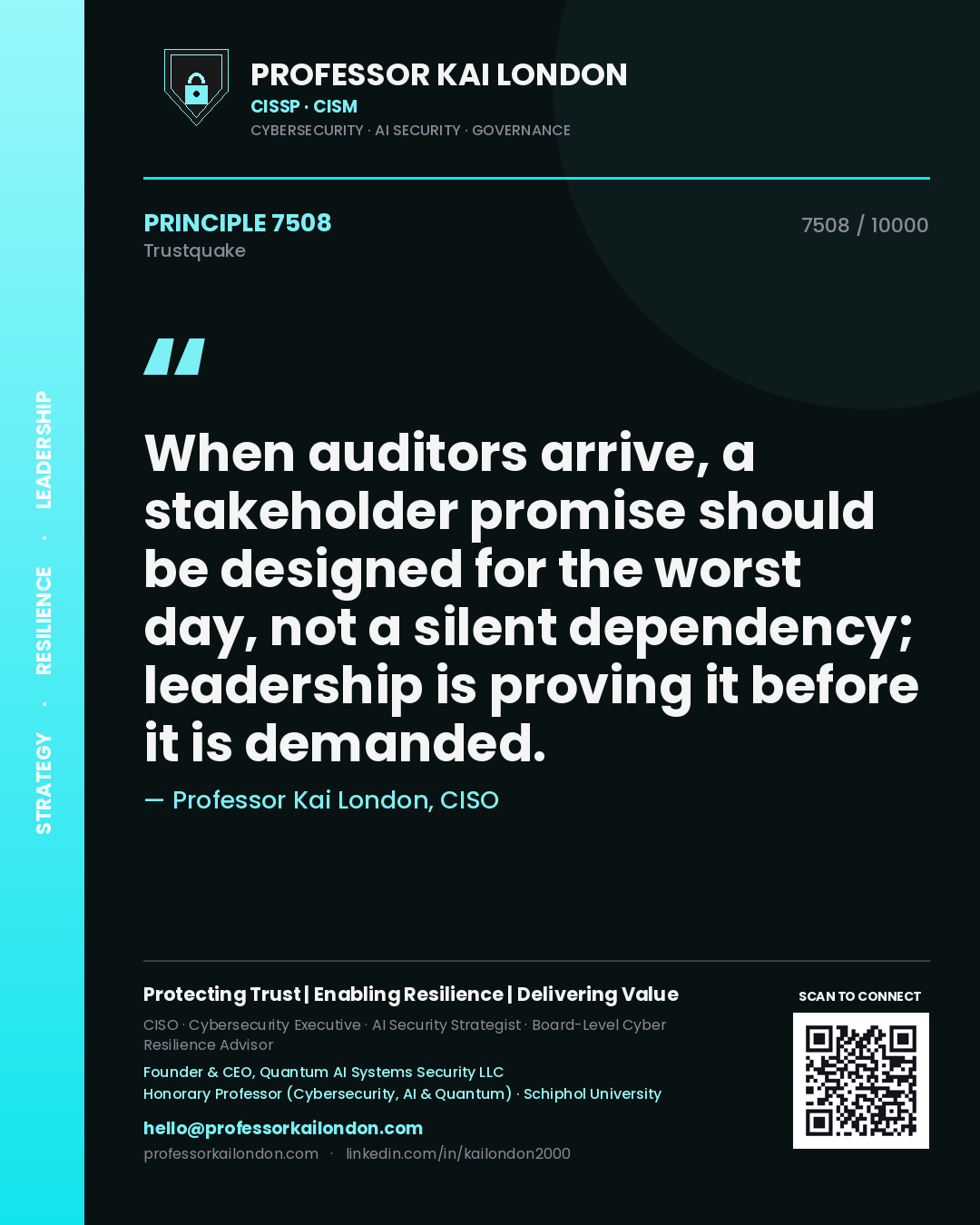 Quote card by Professor Kai London reading 'When auditors arrive, a stakeholder promise should be designed for the worst day, not a silent dependency; leadership is proving it before it is demanded.'. From the book Trustquake.
