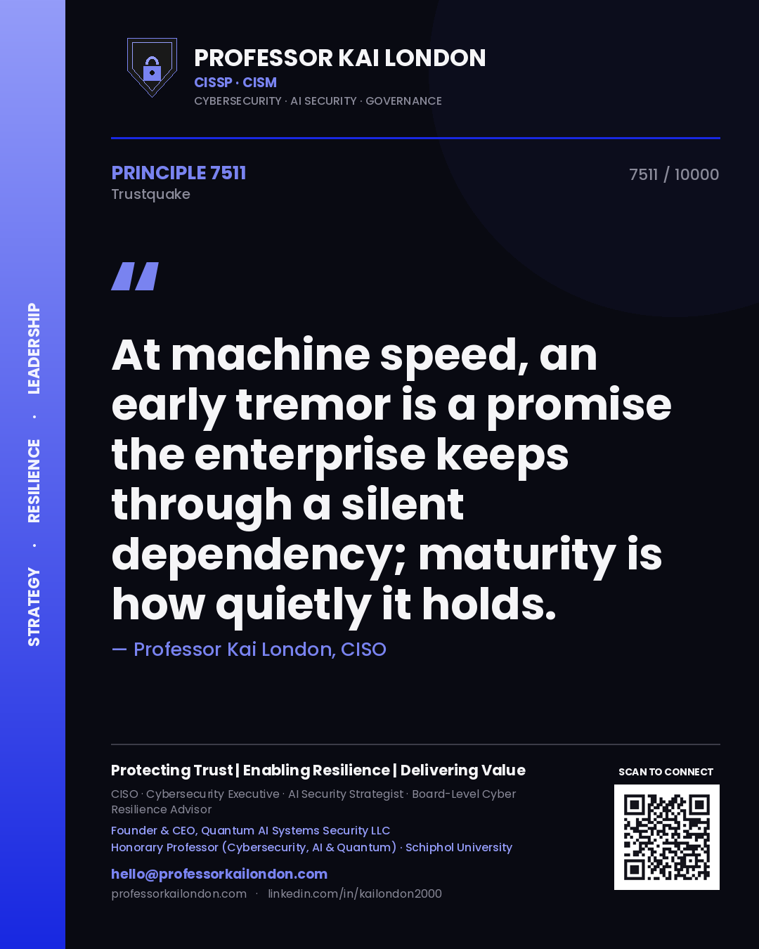 Quote card by Professor Kai London reading 'At machine speed, an early tremor is a promise the enterprise keeps through a silent dependency; maturity is how quietly it holds.'. From the book Trustquake.