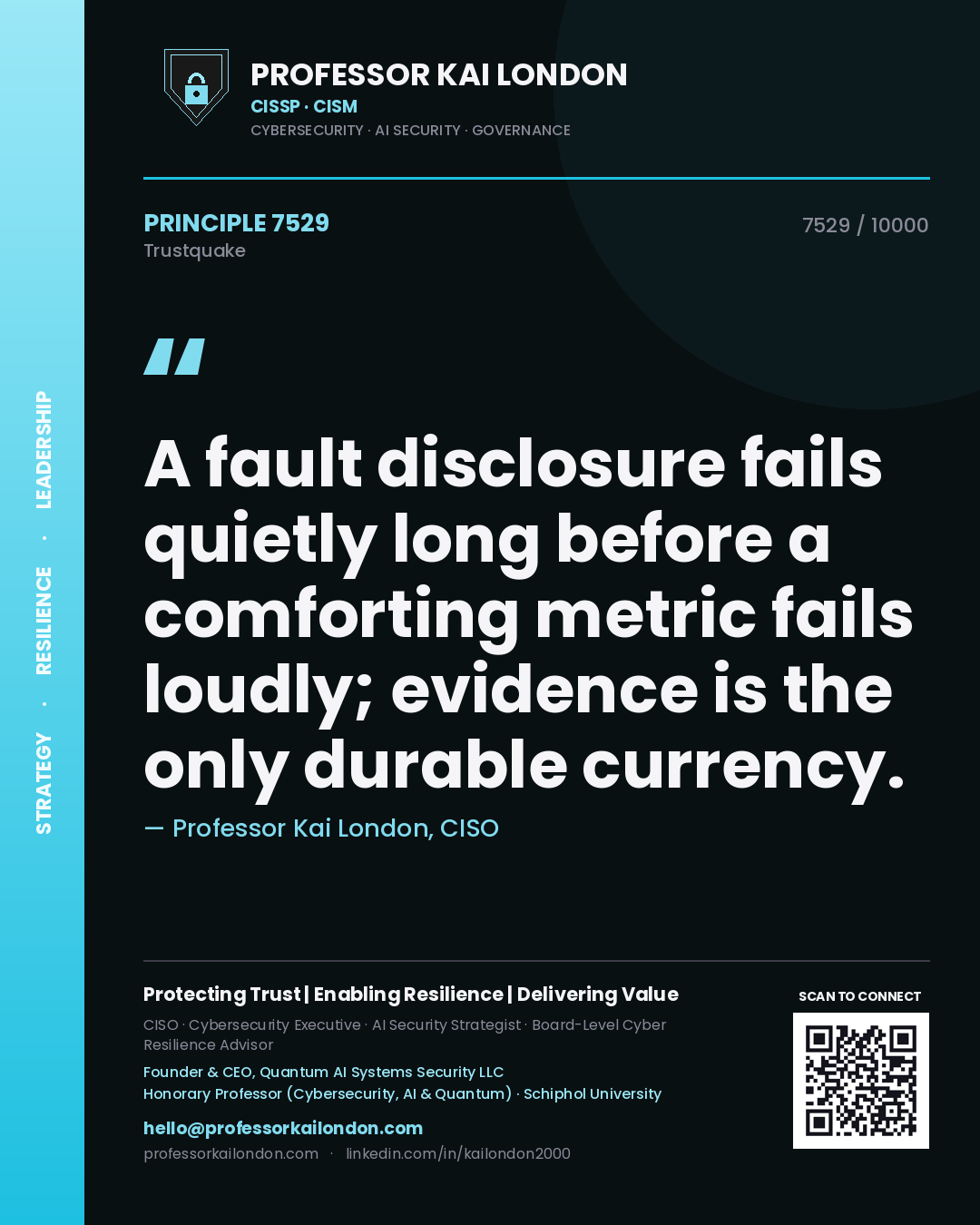 Quote card by Professor Kai London reading 'A fault disclosure fails quietly long before a comforting metric fails loudly; evidence is the only durable currency.'. From the book Trustquake.