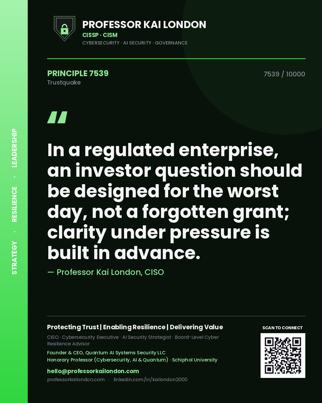 Quote card by Professor Kai London reading 'In a regulated enterprise, an investor question should be designed for the worst day, not a forgotten grant; clarity under pressure is built in advance.'. From the book Trustquake.