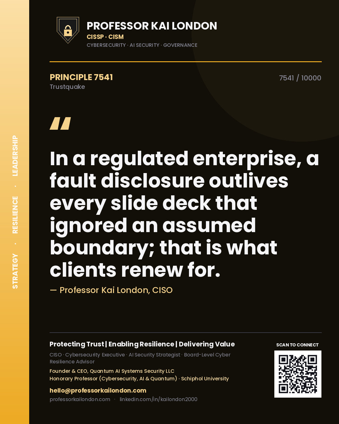 Quote card by Professor Kai London reading 'In a regulated enterprise, a fault disclosure outlives every slide deck that ignored an assumed boundary; that is what clients renew for.'. From the book Trustquake.