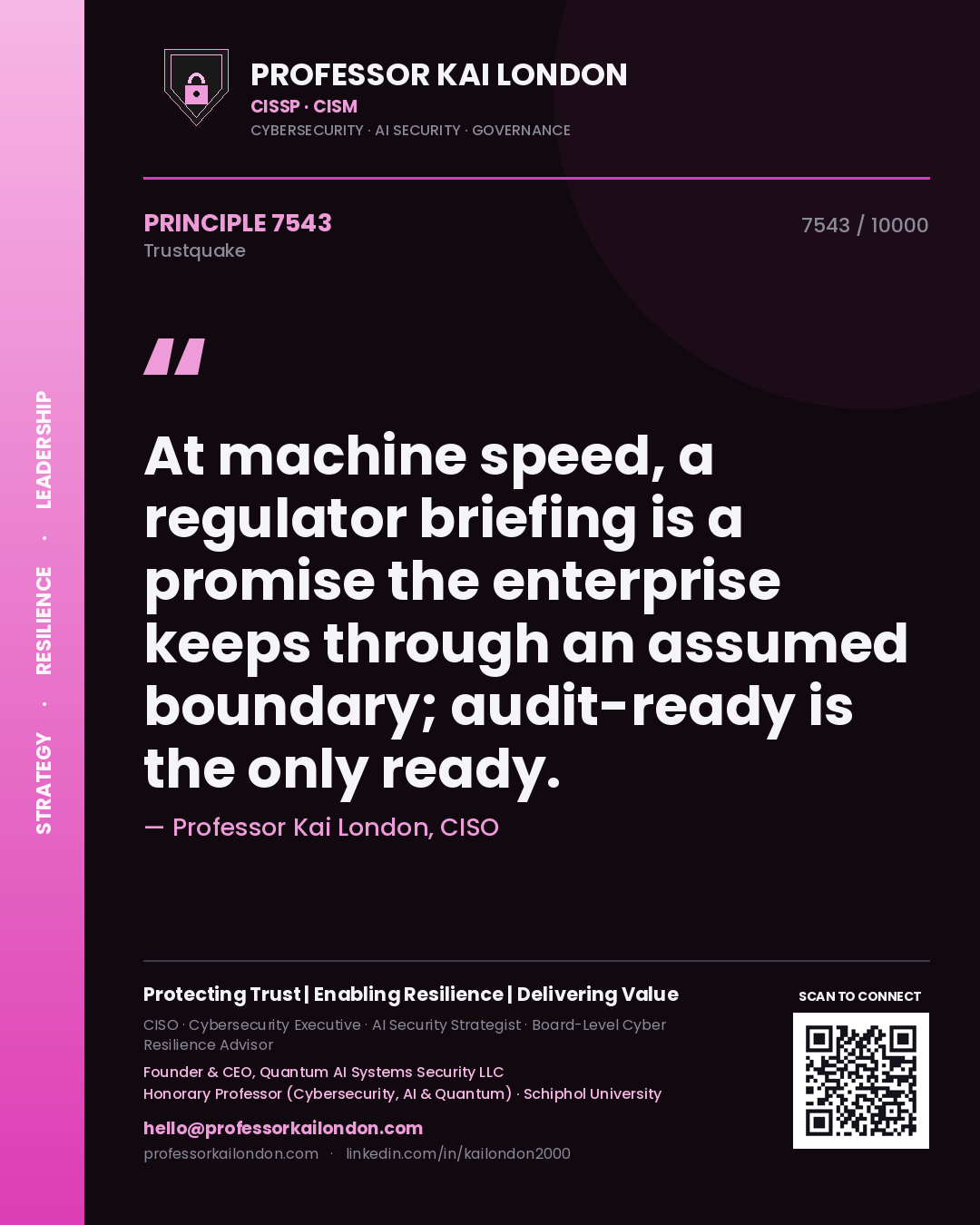 Quote card by Professor Kai London reading 'At machine speed, a regulator briefing is a promise the enterprise keeps through an assumed boundary; audit-ready is the only ready.'. From the book Trustquake.