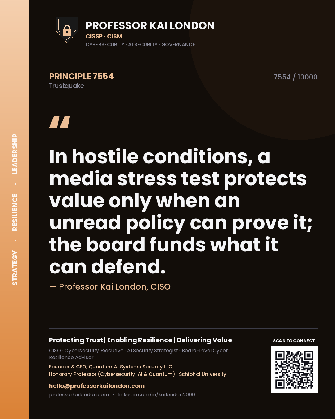 Professor Kai London principle 7554: In hostile conditions, a media stress test protects value only when an unread policy can prove it; the board funds what it can defend.