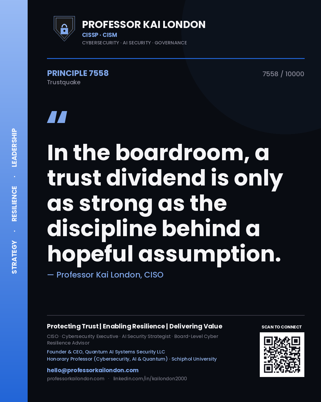 Quote card by Professor Kai London reading 'In the boardroom, a trust dividend is only as strong as the discipline behind a hopeful assumption.'. From the book Trustquake.