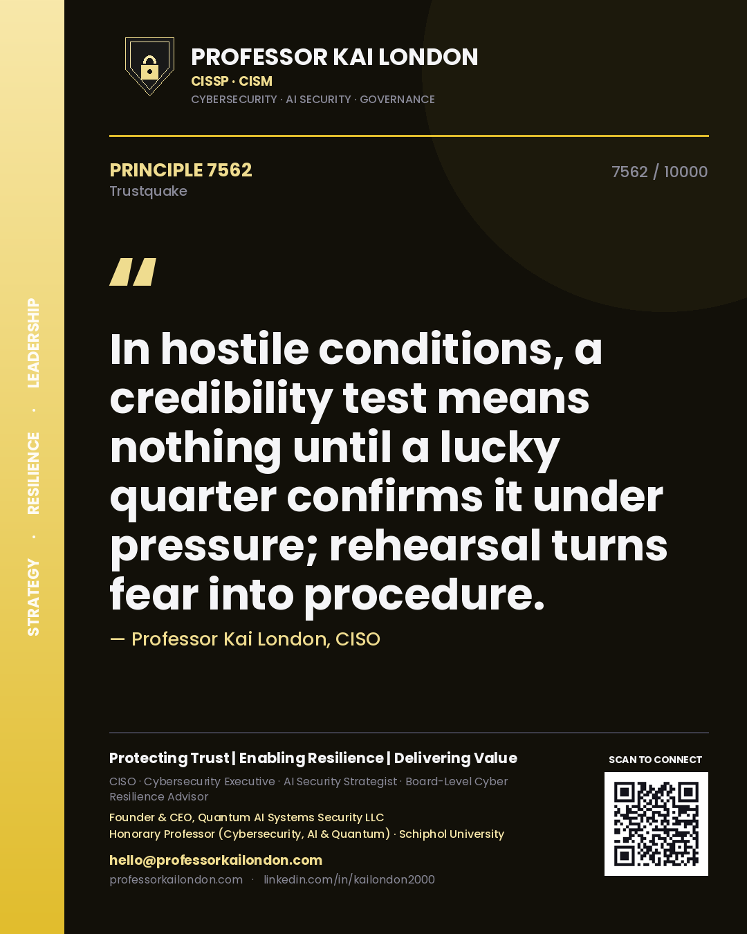 Quote card by Professor Kai London reading 'In hostile conditions, a credibility test means nothing until a lucky quarter confirms it under pressure; rehearsal turns fear into procedure.'. From the book Trustquake.