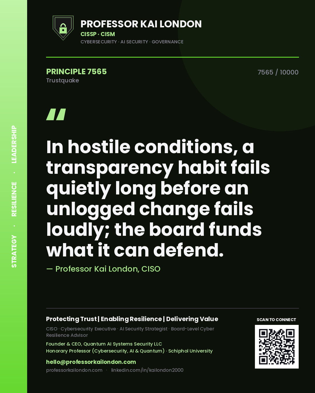 Quote card by Professor Kai London reading 'In hostile conditions, a transparency habit fails quietly long before an unlogged change fails loudly; the board funds what it can defend.'. From the book Trustquake.