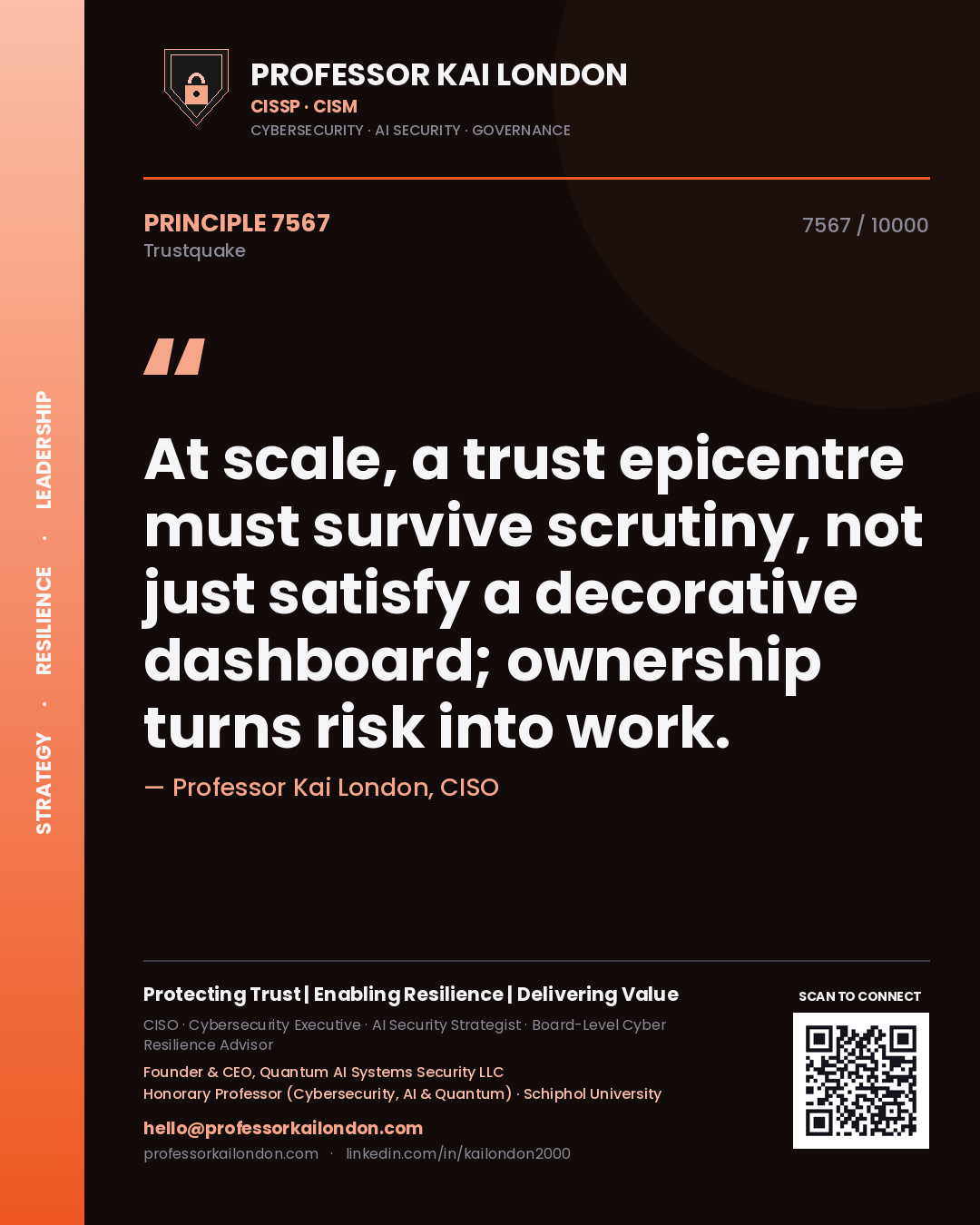 Quote card by Professor Kai London reading 'At scale, a trust epicentre must survive scrutiny, not just satisfy a decorative dashboard; ownership turns risk into work.'. From the book Trustquake.