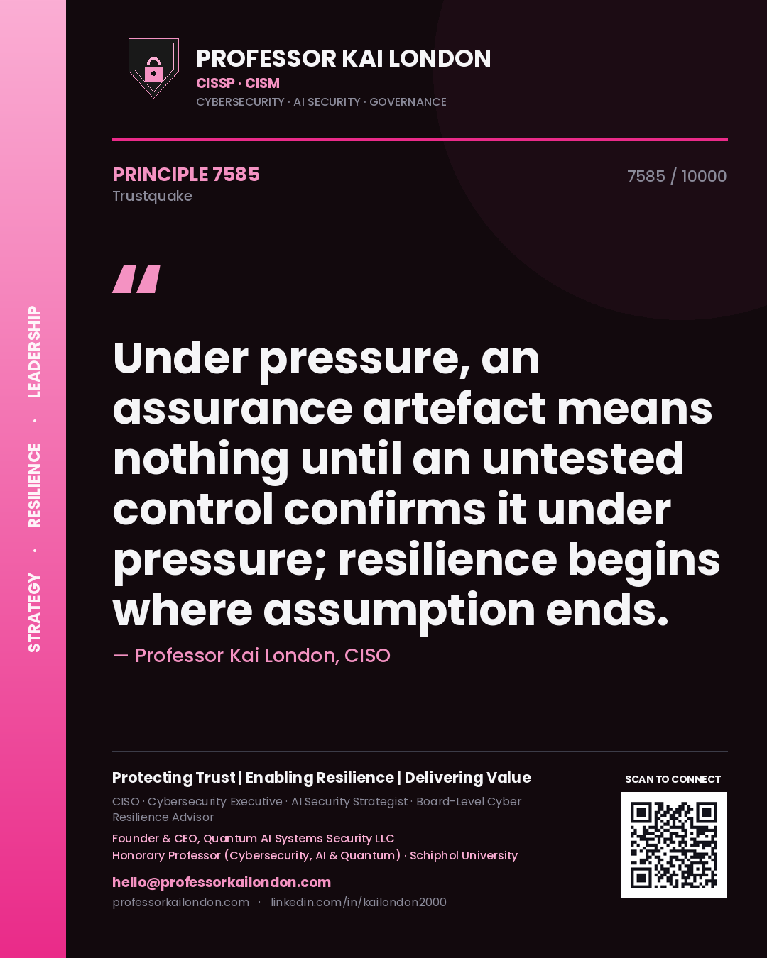 Quote card by Professor Kai London reading 'Under pressure, an assurance artefact means nothing until an untested control confirms it under pressure; resilience begins where assumption ends.'. From the book Trustquake.