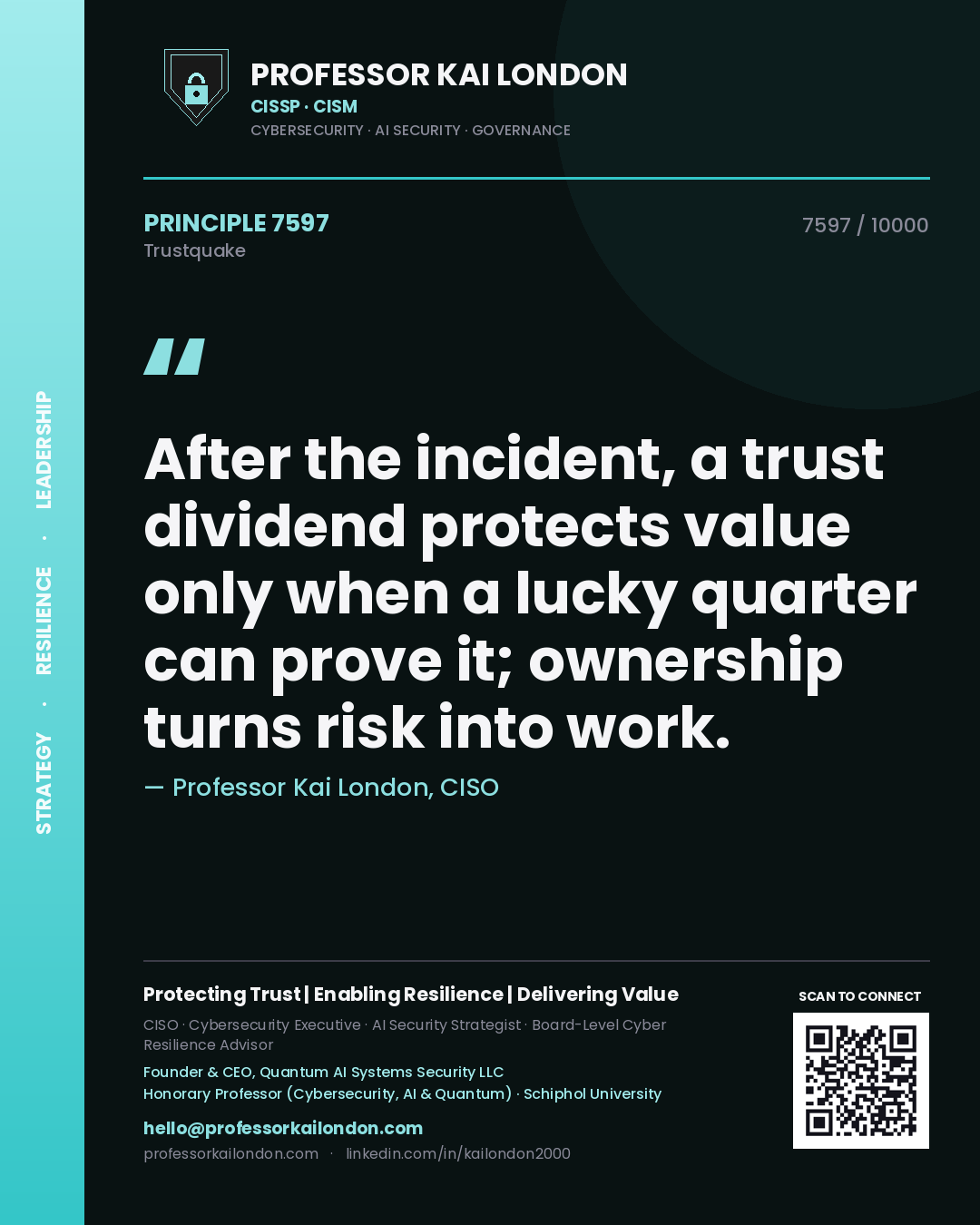 Quote card by Professor Kai London reading 'After the incident, a trust dividend protects value only when a lucky quarter can prove it; ownership turns risk into work.'. From the book Trustquake.