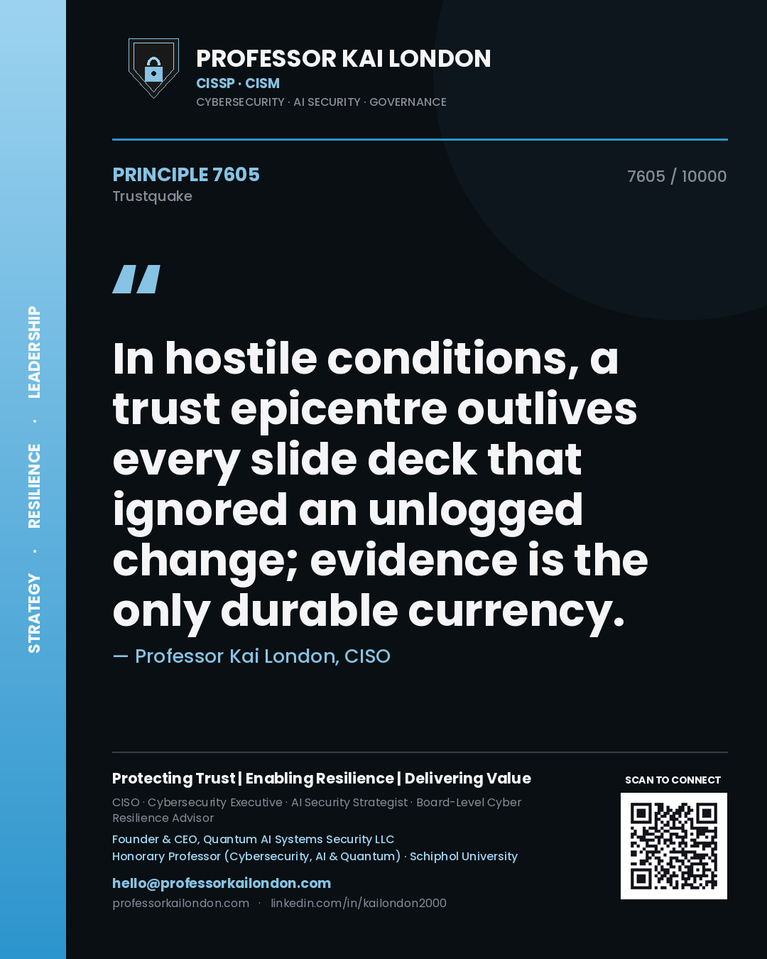 Professor Kai London principle 7605: In hostile conditions, a trust epicentre outlives every slide deck that ignored an unlogged change; evidence is the only durable currency.