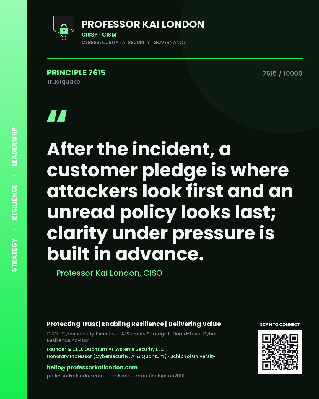 Professor Kai London principle 7615: After the incident, a customer pledge is where attackers look first and an unread policy looks last; clarity under pressure is built in advance.