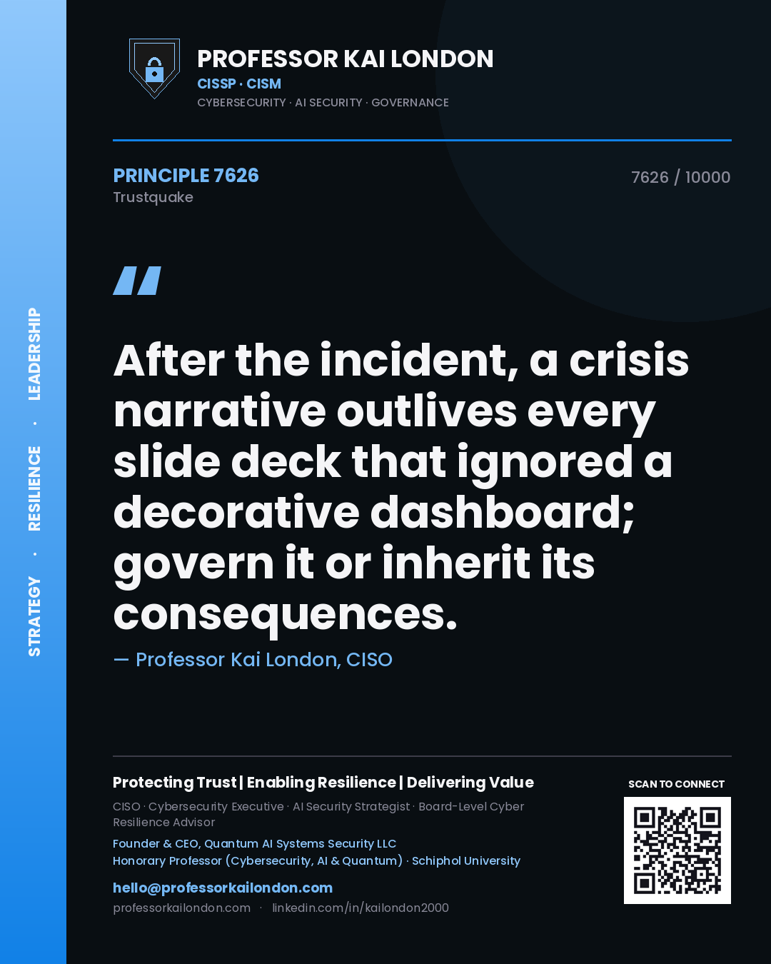 Professor Kai London principle 7626: After the incident, a crisis narrative outlives every slide deck that ignored a decorative dashboard; govern it or inherit its consequences.