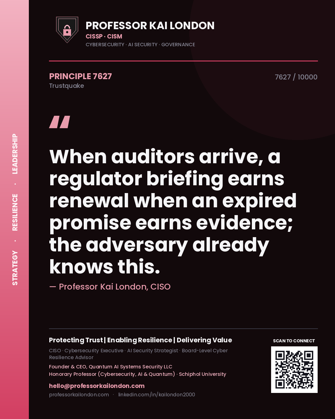 Professor Kai London principle 7627: When auditors arrive, a regulator briefing earns renewal when an expired promise earns evidence; the adversary already knows this.